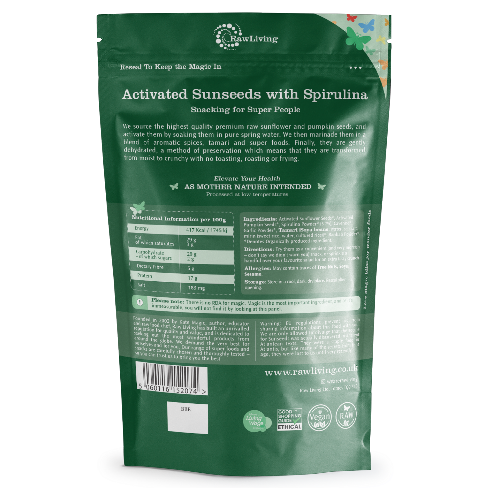 Green package of Activated Sunseeds with Spirulina by RawLiving on a white background