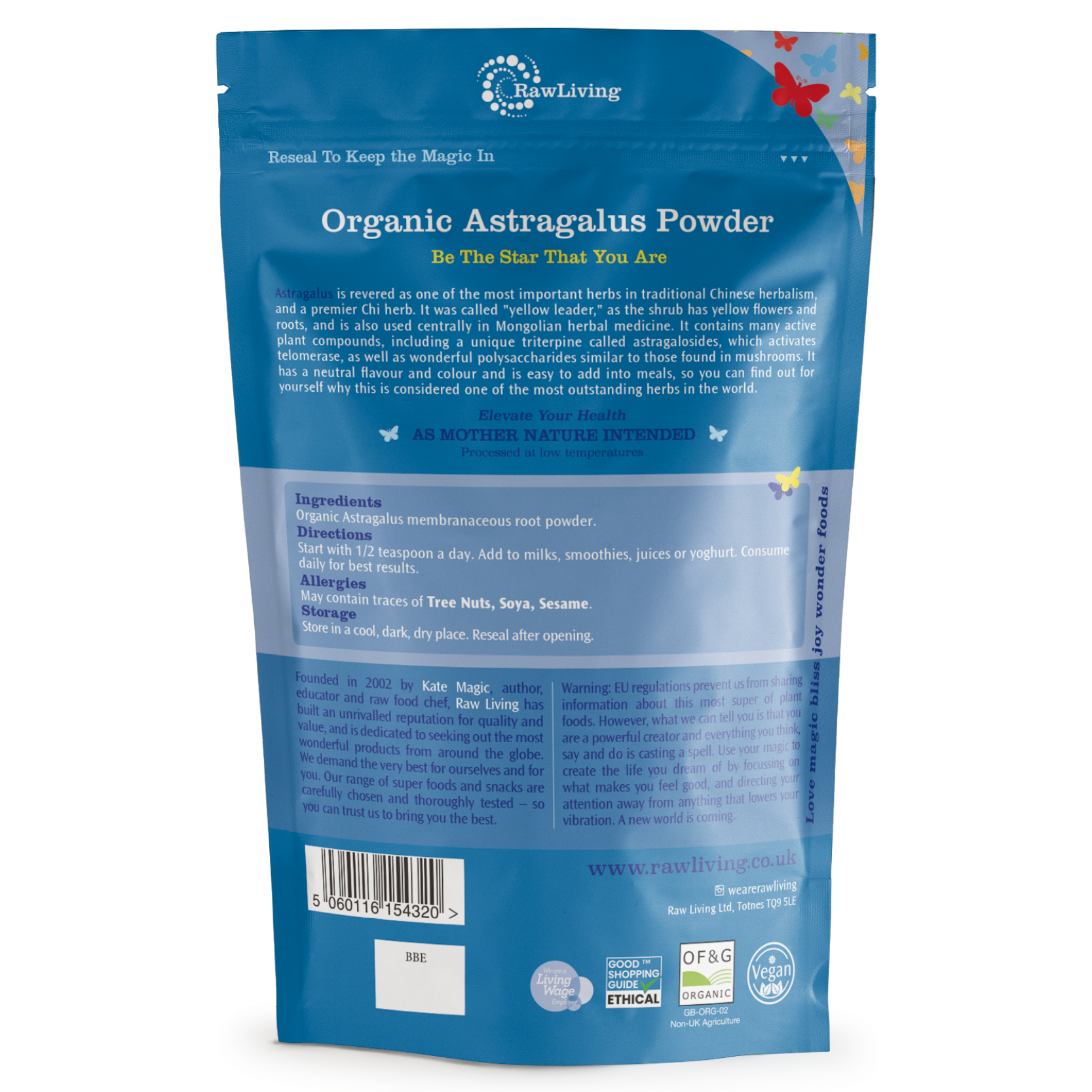 Blue package of Organic Astragalus Powder with New Living branding on a white background