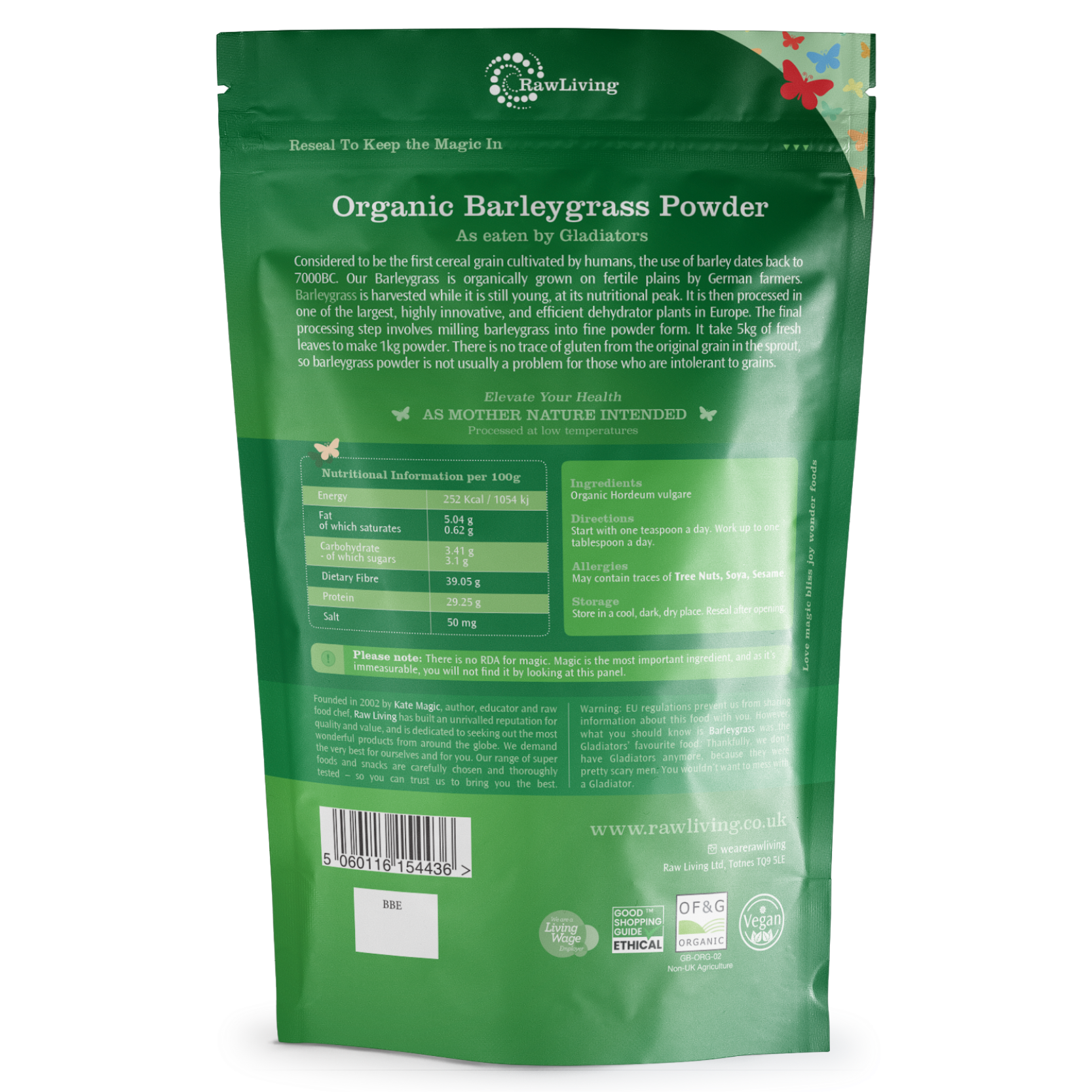 Green package of RawLiving Organic Barleygrass Powder with text and nutrition information.