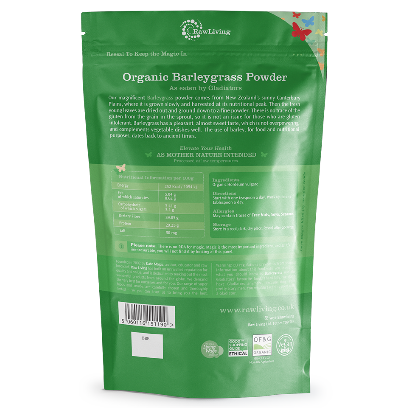 Green package of RawLiving Organic Barleygrass Powder with text and branding.