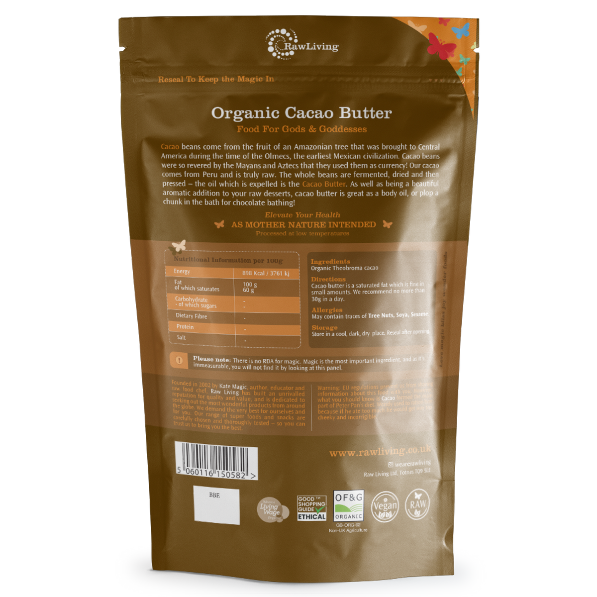 Back view of a RawLiving Organic Cacao Butter package with text and labels.