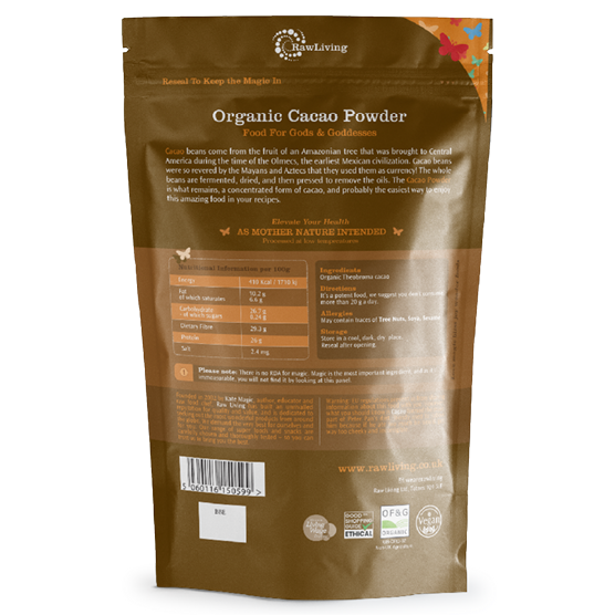 Organic Cacao Powder | Raw Living UK | Super Foods | Raw Living Cacao Powder: the easiest way to use cacao when making chocolate. Just add a spoonful to sweets, desserts, or smoothies for a delicious flavour.