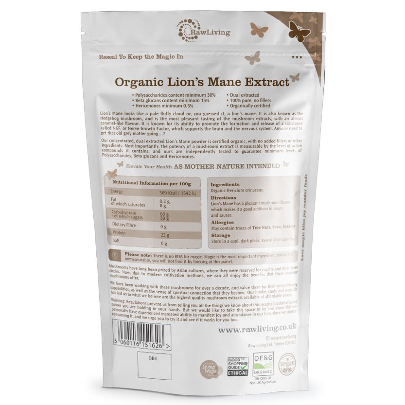 Lions Mane Mushroom Dual Extract Powder - Organic (20g, 50g, 250g, 1kg)
