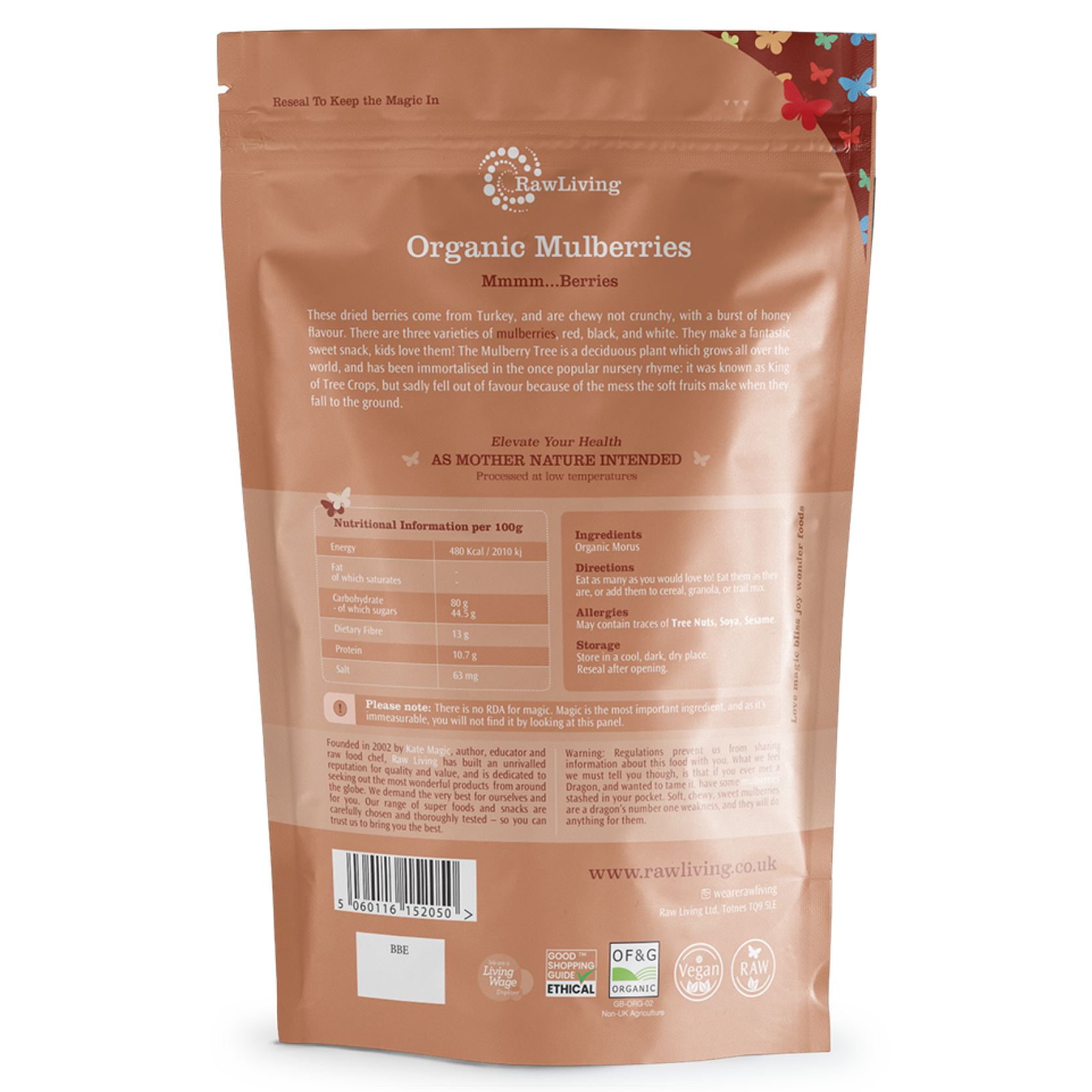 Package of RawLiving Organic Mulberries with nutritional information and branding details.