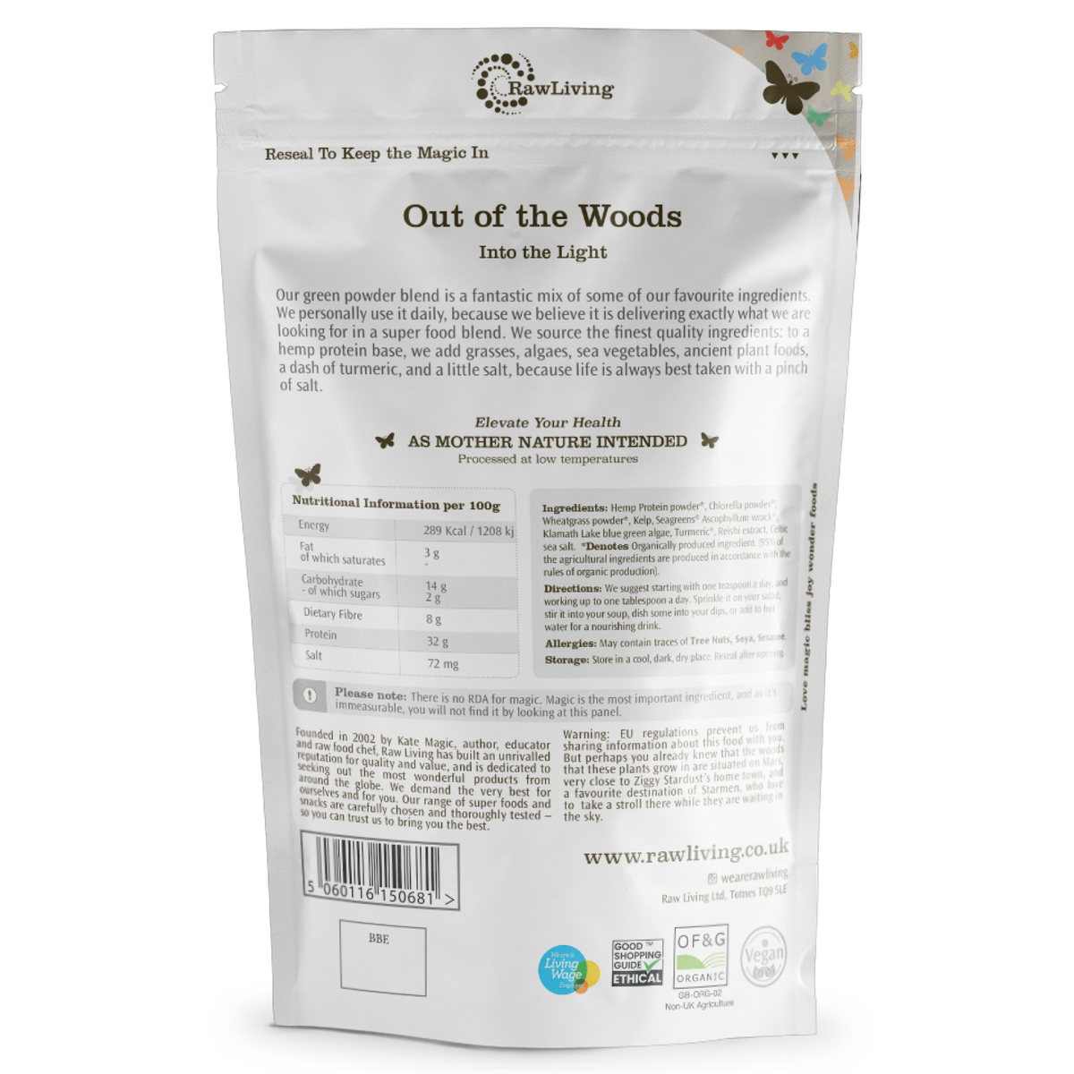 RawLiving &#39;Out of the Woods&#39; product packaging with text and branding on a white background