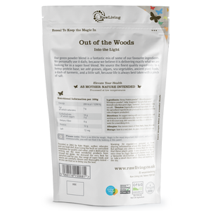 Out of the Woods Powder Blend | Raw Living | Super Foods | Raw Living Out of the Woods Powder Blend is made with Hemp Protein, Chlorella Powder, Wheatgrass Powder, Kelp, Sea Greens, Klamath Algae, Turmeric & Reishi.