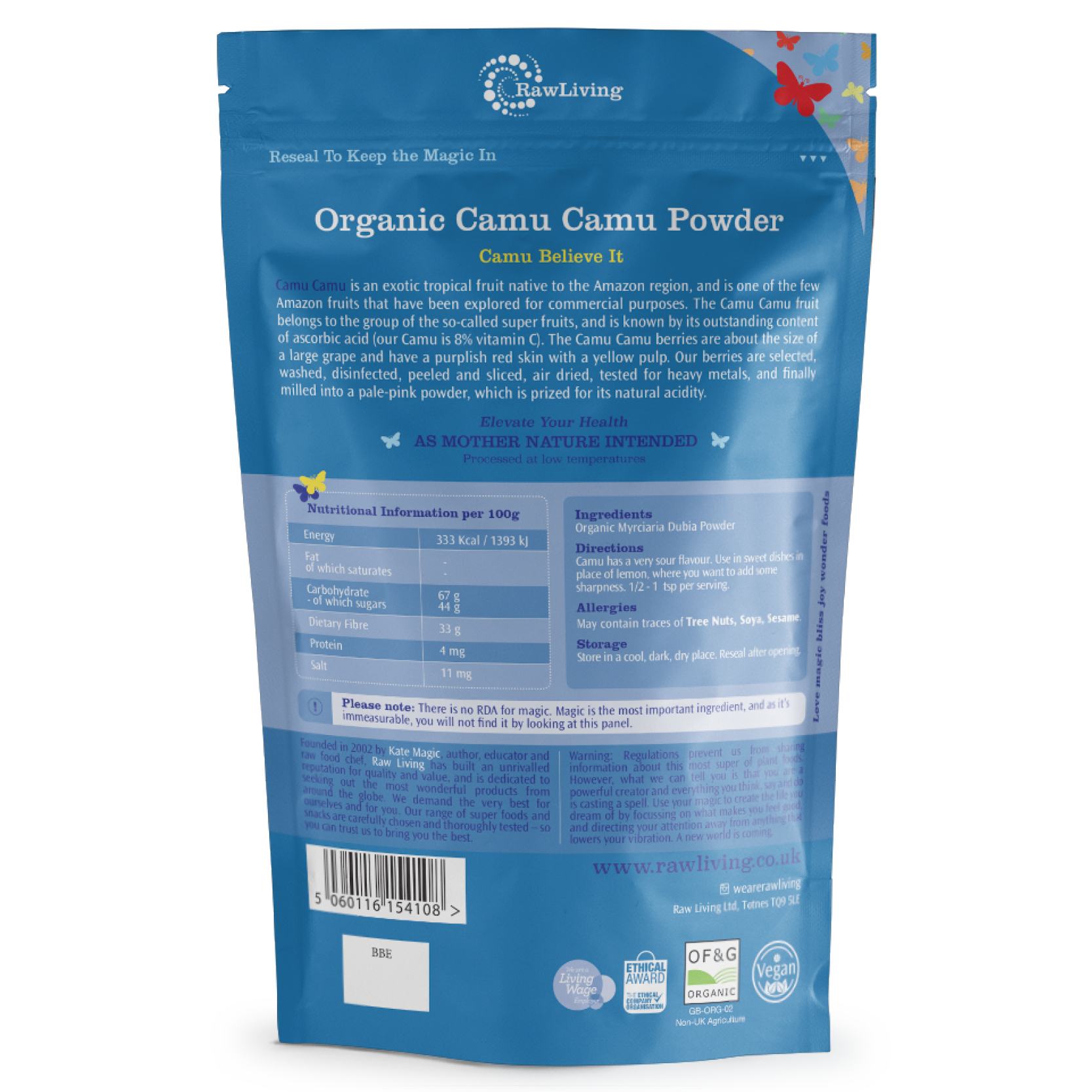 Blue package of RawLiving Organic Camu Camu Powder with text and logos on a white background
