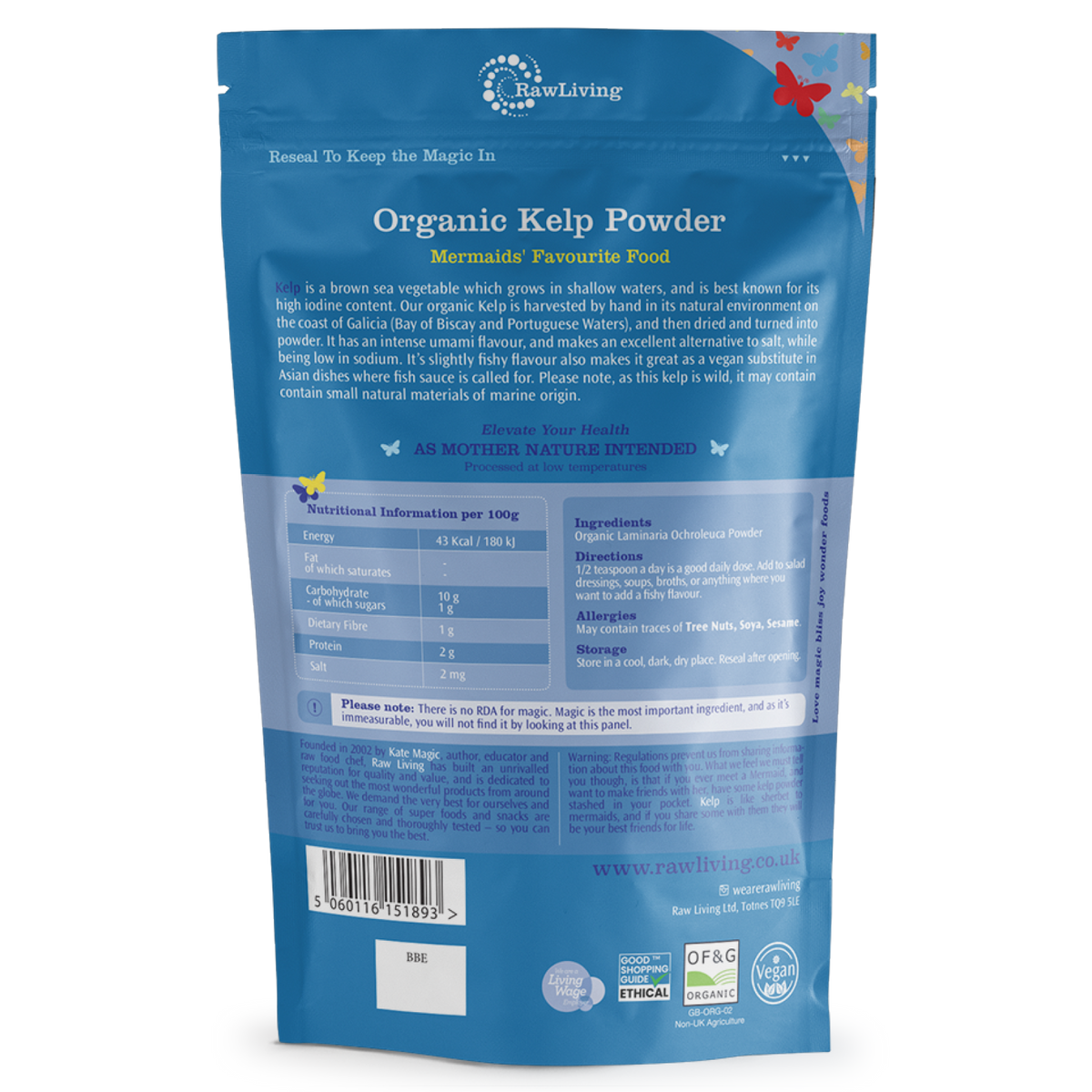 Blue package of RawLiving Organic Kelp Powder with text and branding.