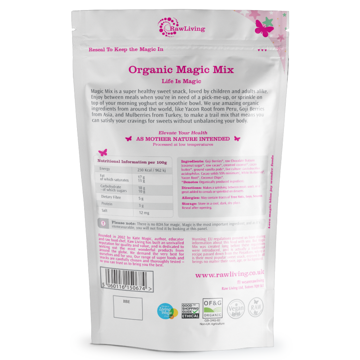 Raw Living Organic Magic Mix packaging with text and branding on a white background