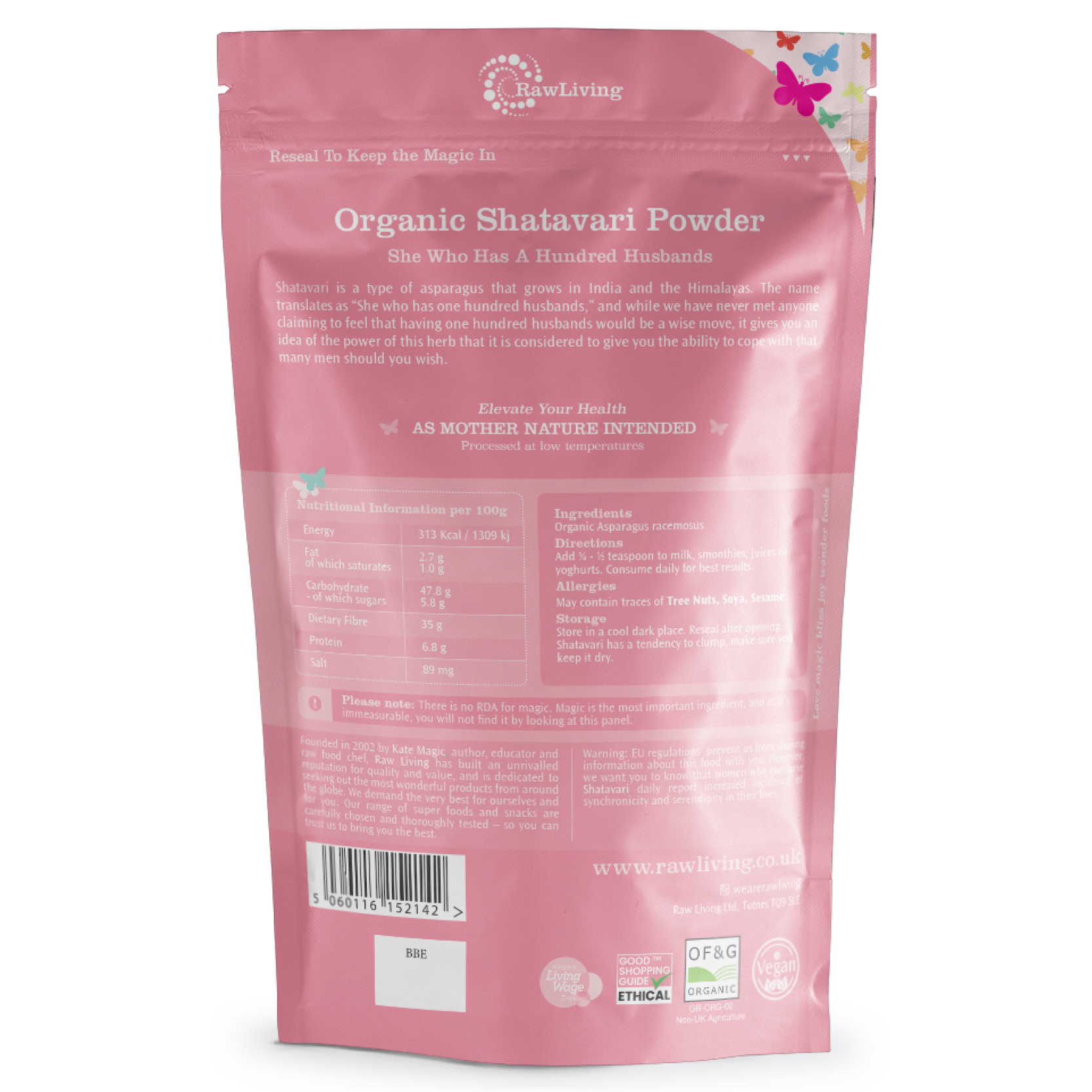 Pink package of RawLiving Organic Shatavari Powder on a white background
