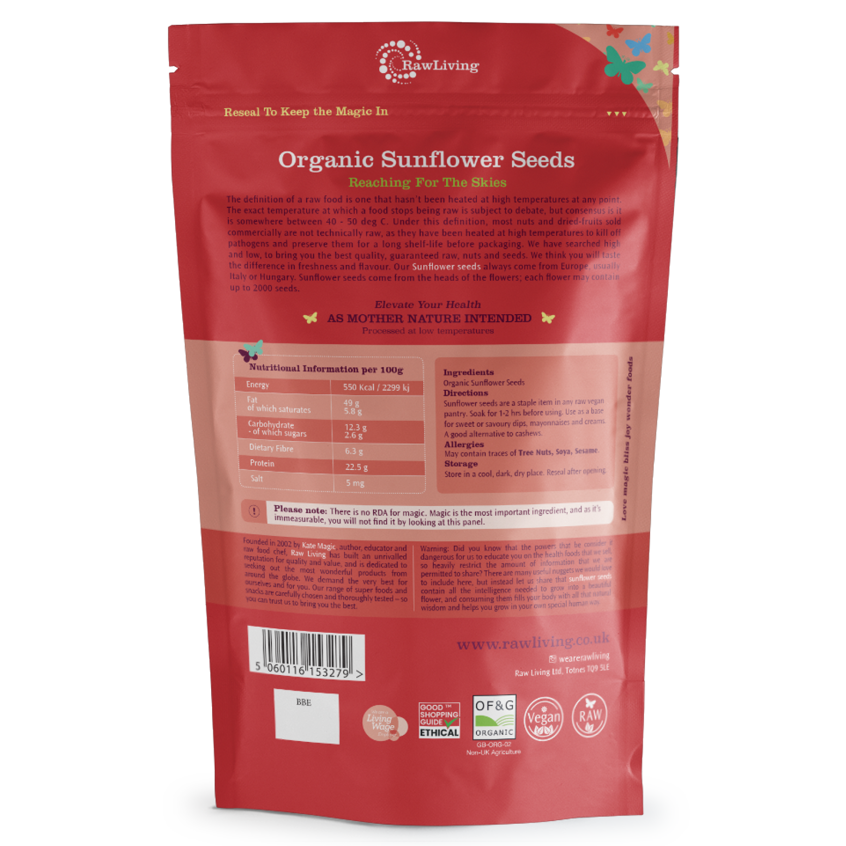 Red package of RawLiving Organic Sunflower Seeds with nutritional information and branding on a white background