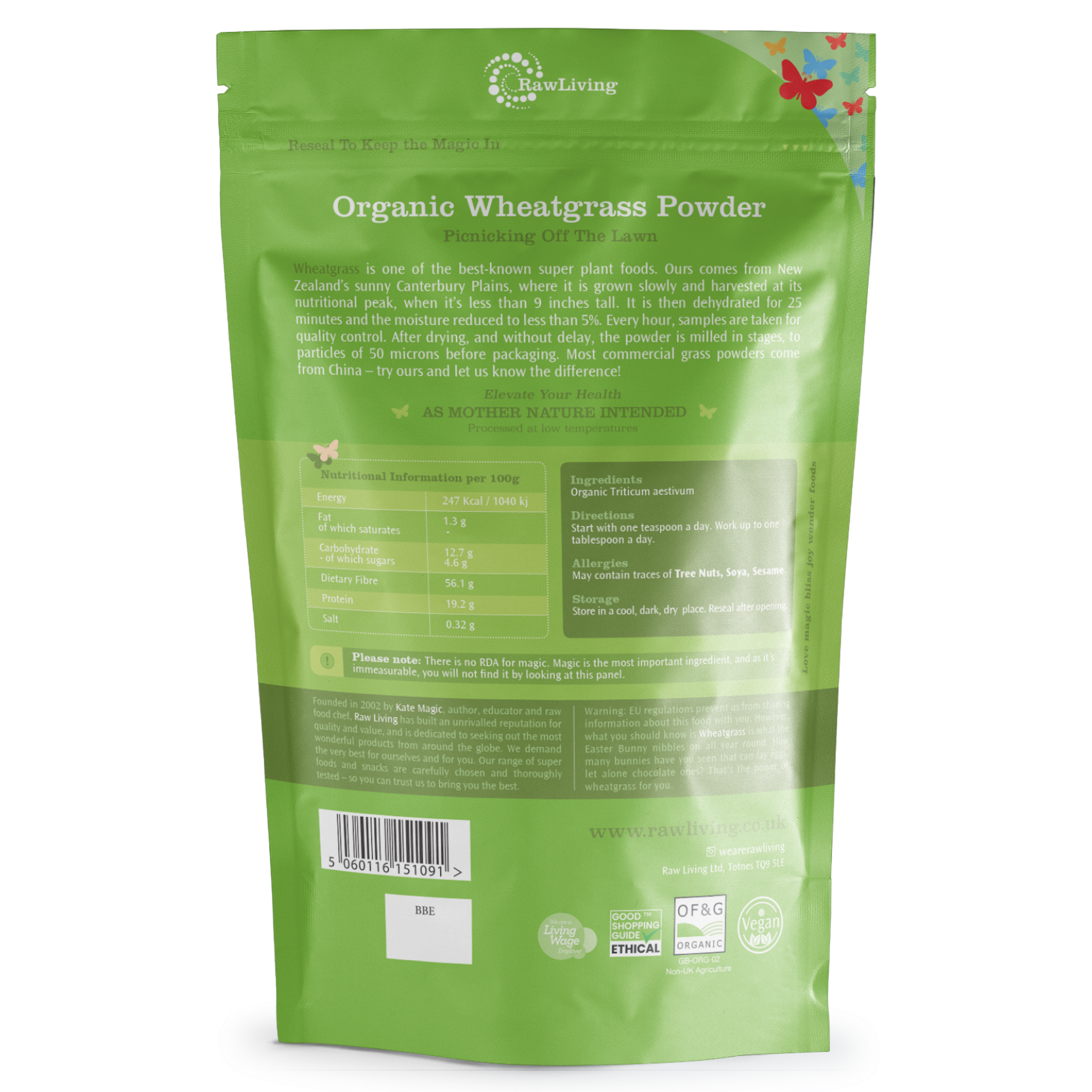Green package of Organic Wheatgrass Powder with text and branding on a white background
