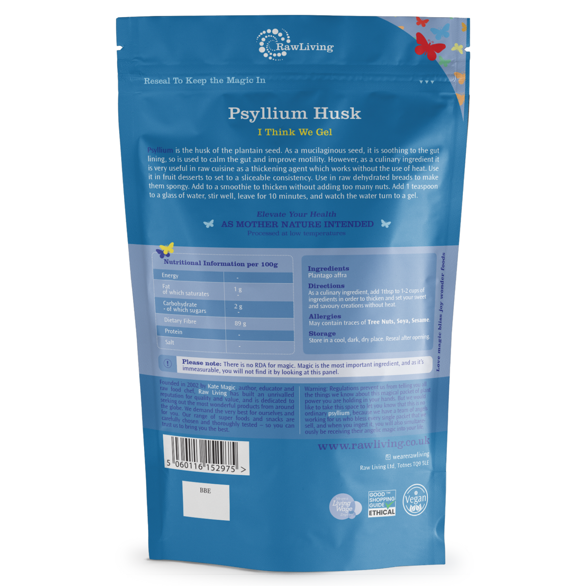 Blue package of Psyllium Husk with nutritional information and ingredients listed.