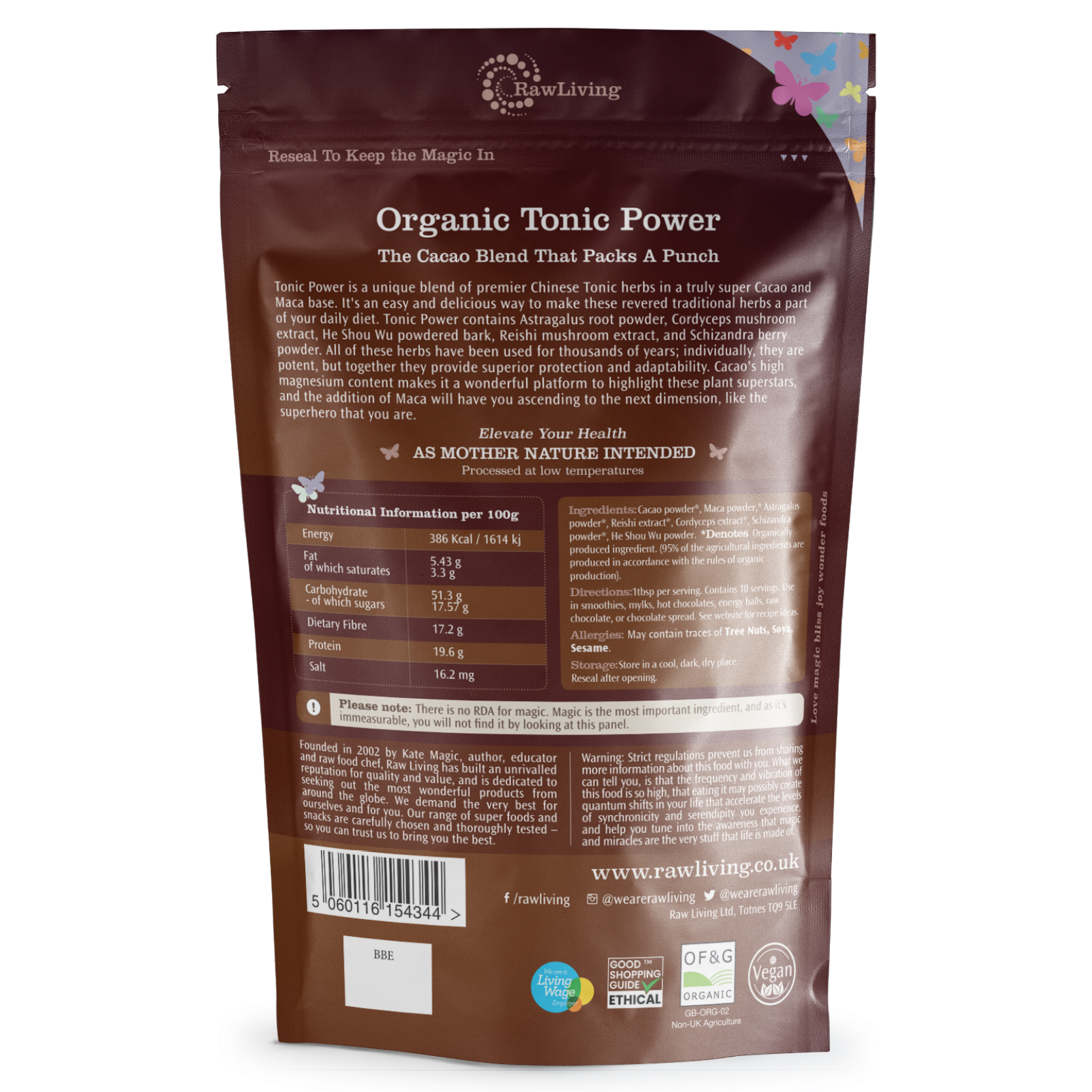 Brown package of Organic Tonic Power with nutritional information and branding on a white background