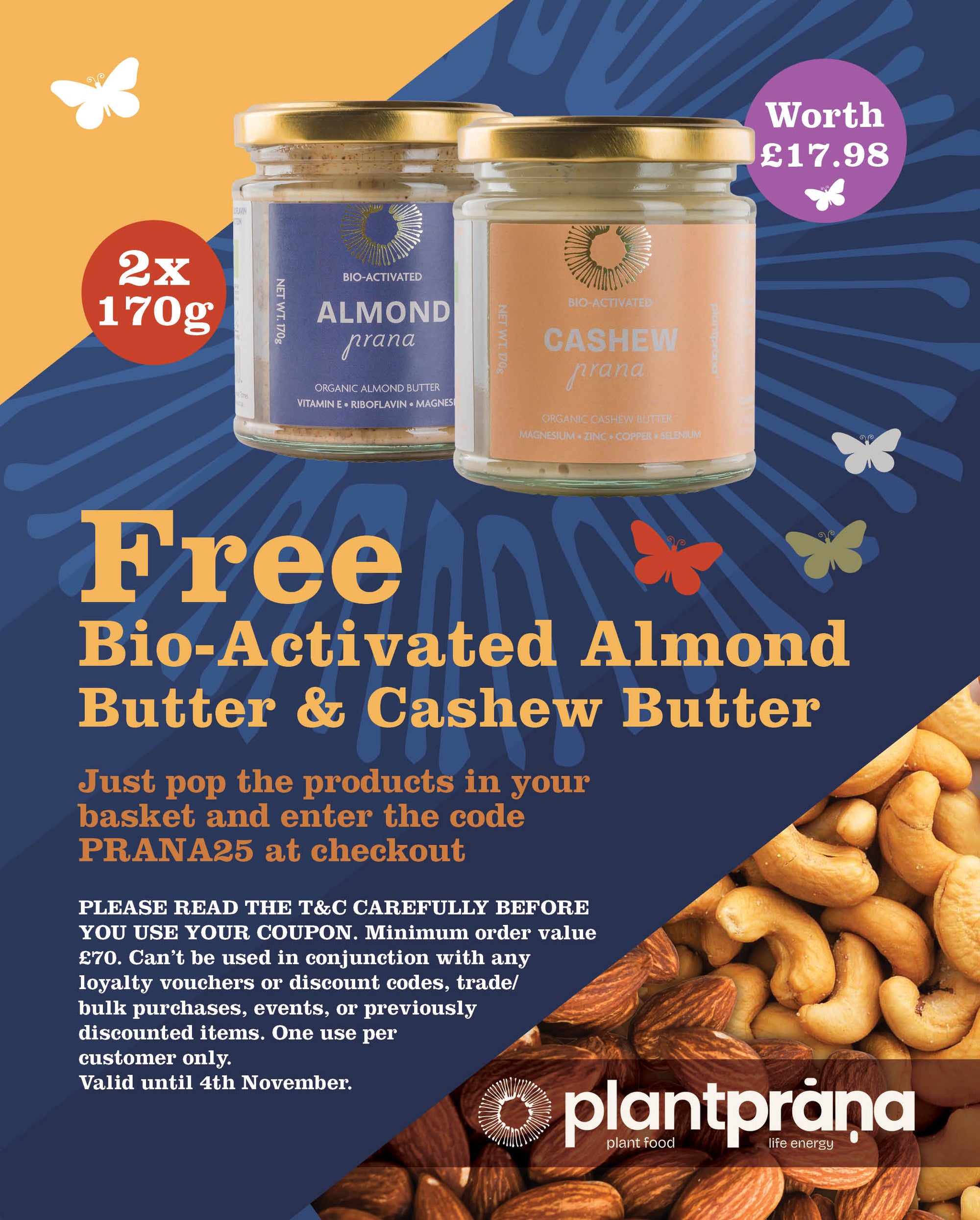 Plant Prana - Organic Almond Butter &amp; Organic Cashew Butter (2x170g)