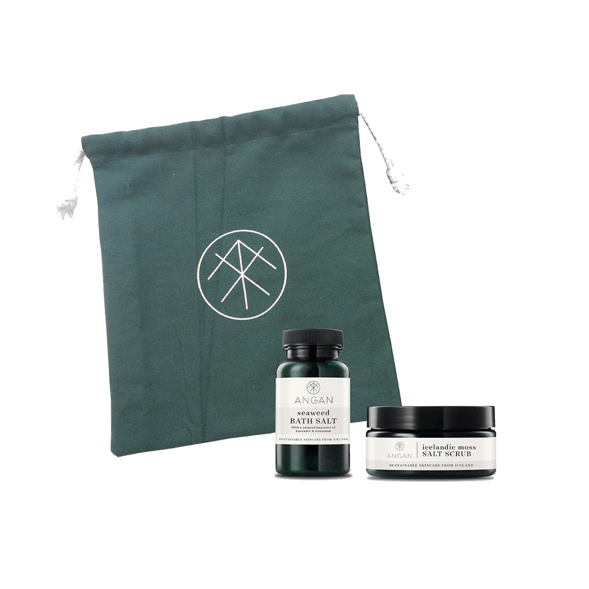 A set of bath and body products including a bottle of Seaweed Bath Salt and a jar of Icelandic Moss Salt Scrub, presented with a dark grey drawstring bag.