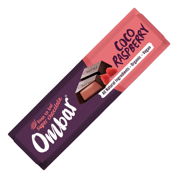 Ombar chocolate bar packaging with &#39;Coco Raspberry&#39; flavor on a white background