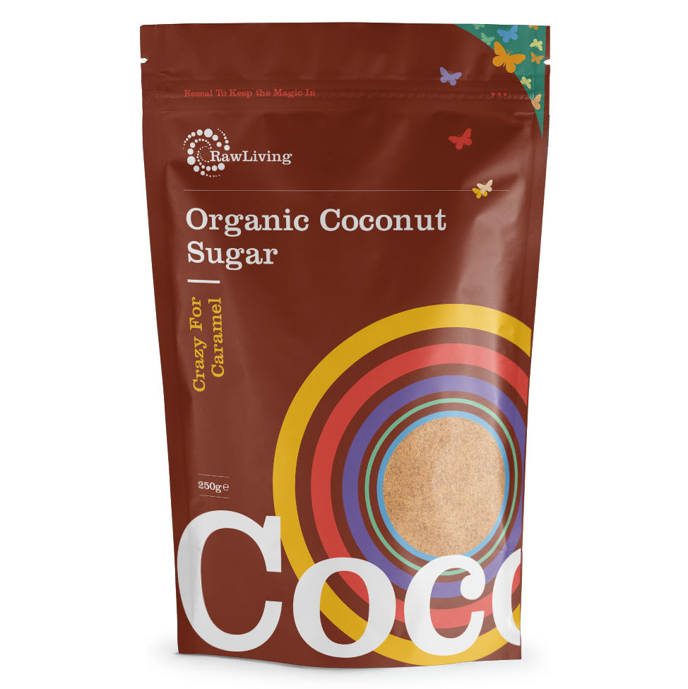A package of Raw Living Organic Coconut Sugar, with a visible image of the granulated sugar and the brand&#39;s logo.