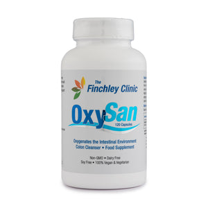 Bottle of OxySan supplement from The Finchley Clinic on a white background
