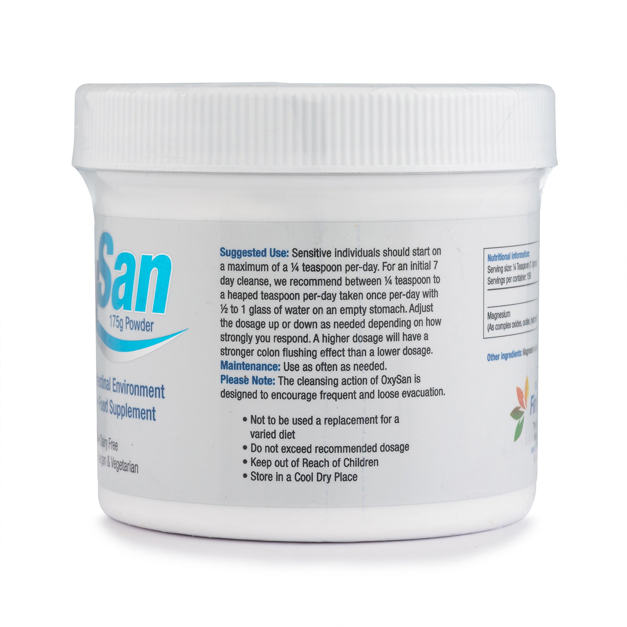 Container of OxySan powder with label on a white background