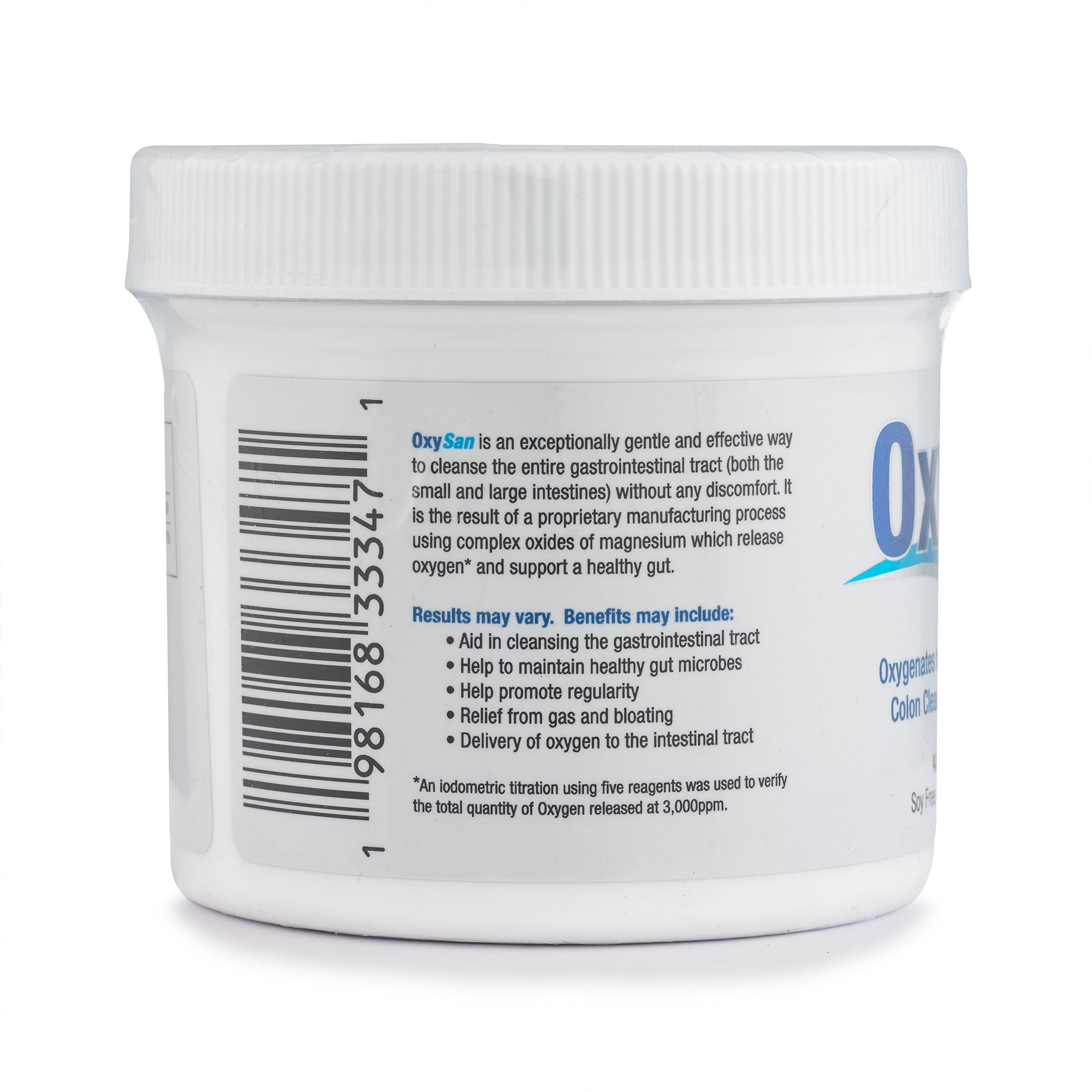 White container with text and a barcode on a white background