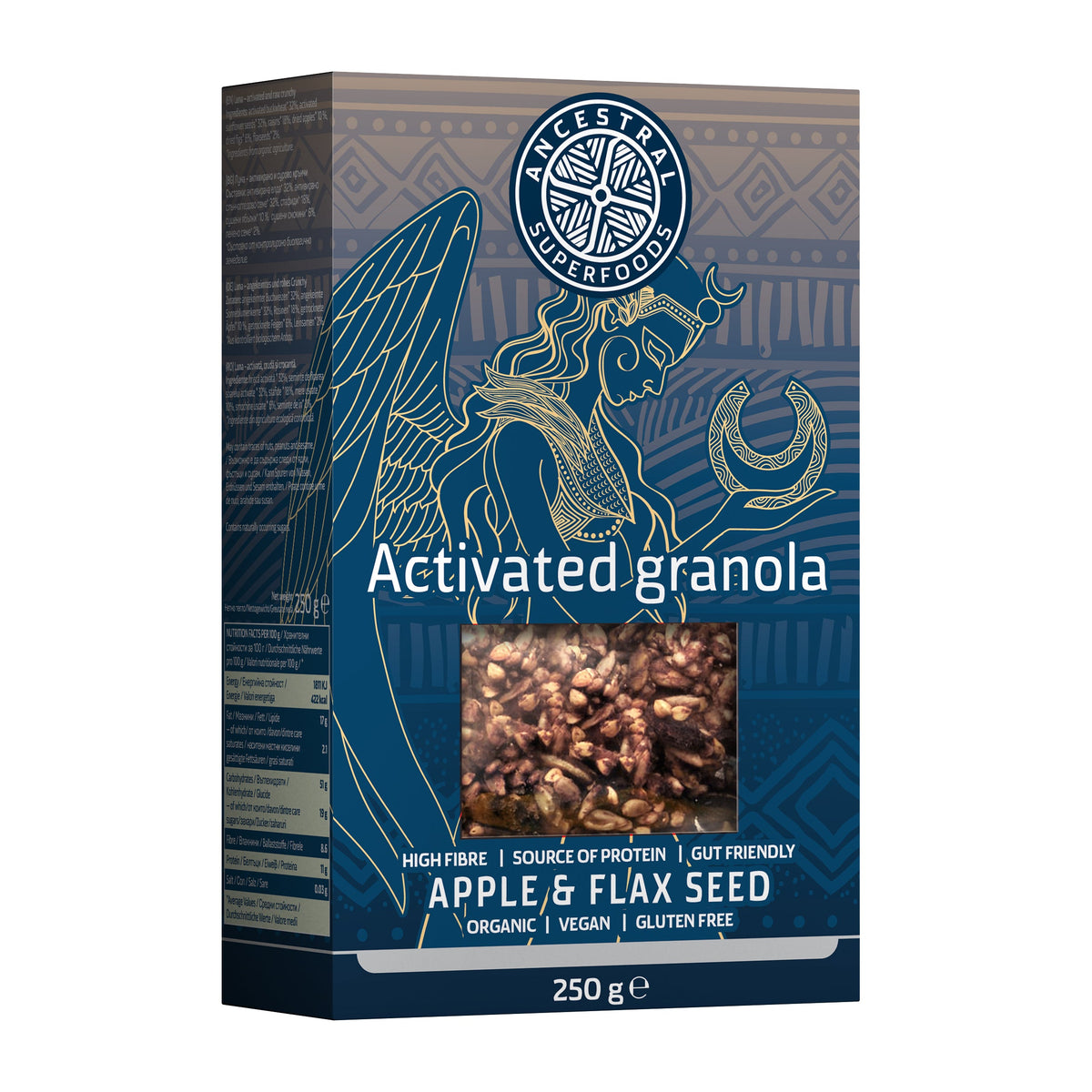Box of Activated Granola with Apple &amp; Flax Seed flavor on a white background