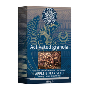 Box of Activated Granola with Apple & Flax Seed flavor on a white background