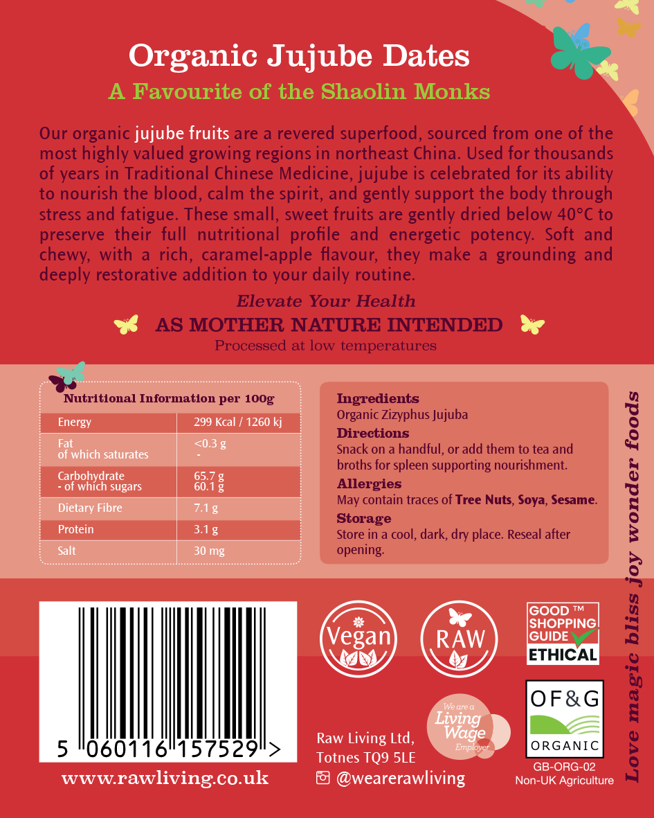 Back of a package for Organic Jujube Dates with text and branding elements.
