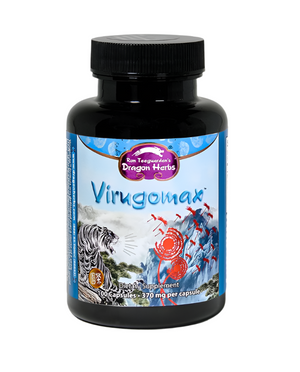 Supplement bottle labeled 'Virugomax' by Dragon Herbs on a gray background