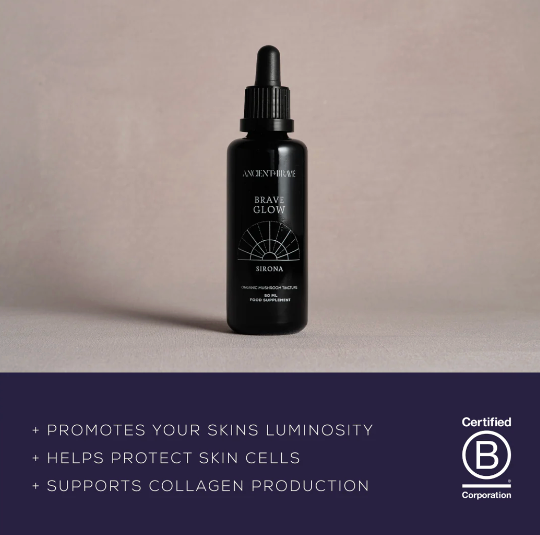 Black bottle with dropper labeled &#39;Brave Glow&#39; on a beige background, featuring a certification logo at the bottom.