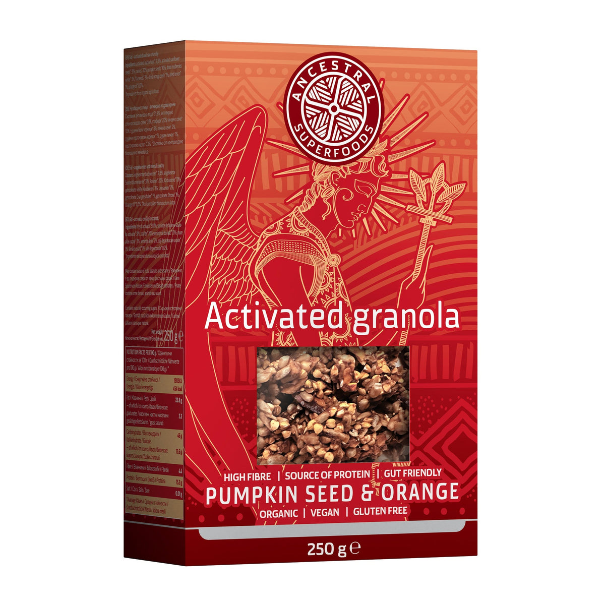Box of Activated Granola with pumpkin seed and orange flavor on a white background