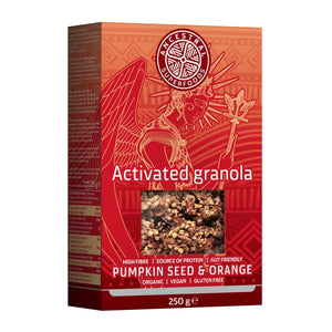 Box of Activated Granola with pumpkin seed and orange flavor on a white background