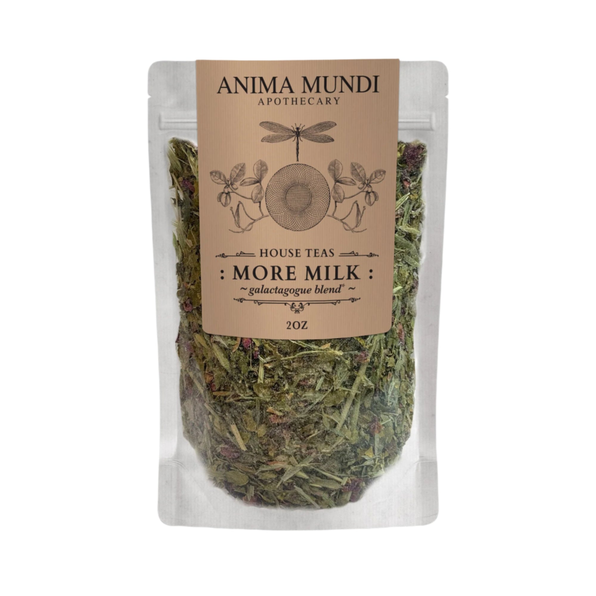 Packaged tea blend with &#39;Anima Mundi Apothecary&#39; label on a white background