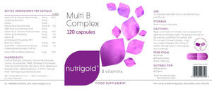 Nutrigold Multi B Complex supplement bottle with pink capsules on a white background