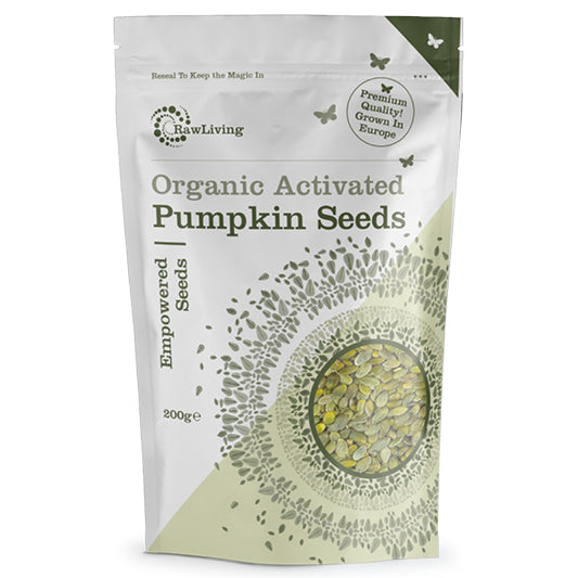 A package of Raw Living Organic Activated Pumpkin Seeds, available in 200g, 1kg, and 5kg sizes.