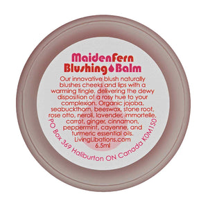 Maidenfern Blushing Balm | Living Libations | Raw Living UK | Beauty | Skin Care | Living Libations Maiden Fern Blushing Balm: a Natural & Vegan Lip Balm designed to naturally increase circulation to the cheeks and lips, for a rosy hue.