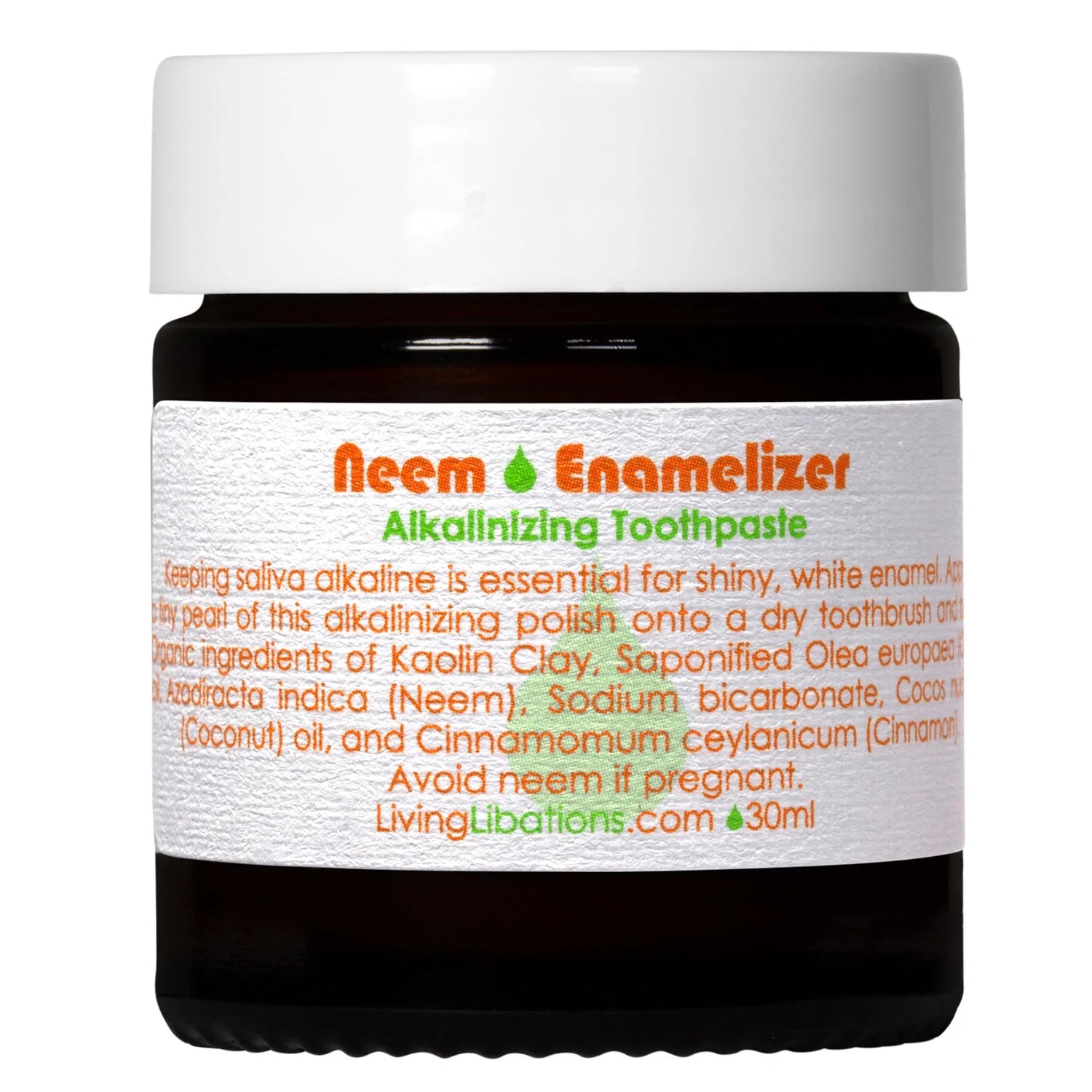A small jar of Living Libations Neem Enamelizer Alkalinizing Toothpaste with a white lid and a label that includes the product name and &#39;Alkalinizing Toothpaste&#39; text.