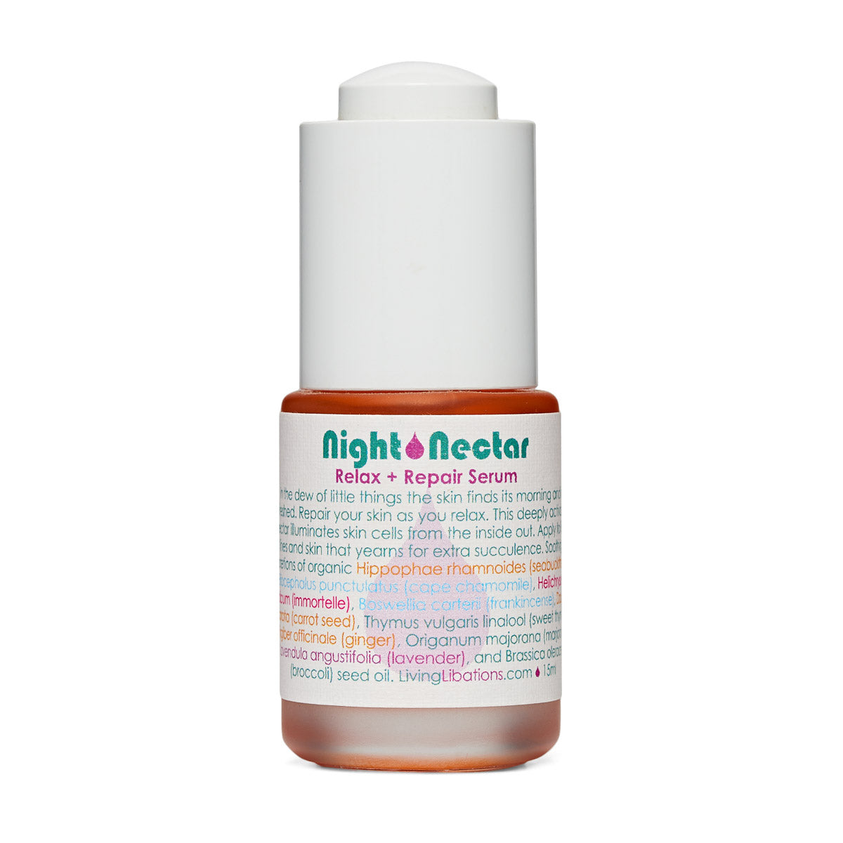 Night Nectar Serum | Living Libations | Raw Living UK | Beauty | Skin Care | Living Libations Night Nectar Serum: made with Seabuckthorn, Chamomile, Immortelle, Frankincense, Carrot seed, Thyme, Ginger, Marjoram, Lavender &amp; Broccoli Seed