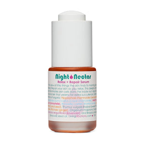 Night Nectar Serum | Living Libations | Raw Living UK | Beauty | Skin Care | Living Libations Night Nectar Serum: made with Seabuckthorn, Chamomile, Immortelle, Frankincense, Carrot seed, Thyme, Ginger, Marjoram, Lavender & Broccoli Seed