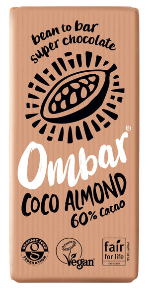 Organic Vegan Coco Almond Chocolate Bar | Ombar | Raw Living UK | Raw Chocolate | Raw Cacao | Ombar Coco Almond 60% Cacao Bar is an Organic, Vegan, Plant Based Raw Chocolate Bar. The bar is sweetened with Coconut Sugar & enriched with delicious Almonds.
