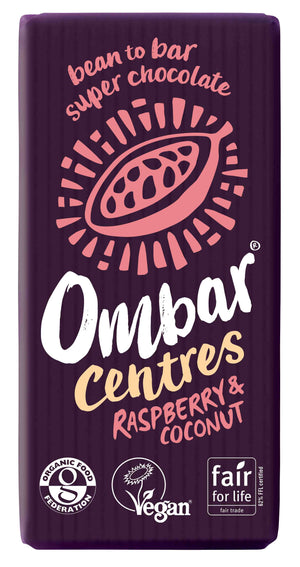 Organic Vegan Centres Raspberry & Coconut Chocolate Bar | Ombar | Raw Living UK | Raw Chocolate | Raw Cacao | Ombar Creamy Raspberry & Coconut Centres Raw Cacao Bar is a Natural, Vegan, Organic & Delicious Chocolate. Sweetened with Coconut & a creamy flavoured centre.