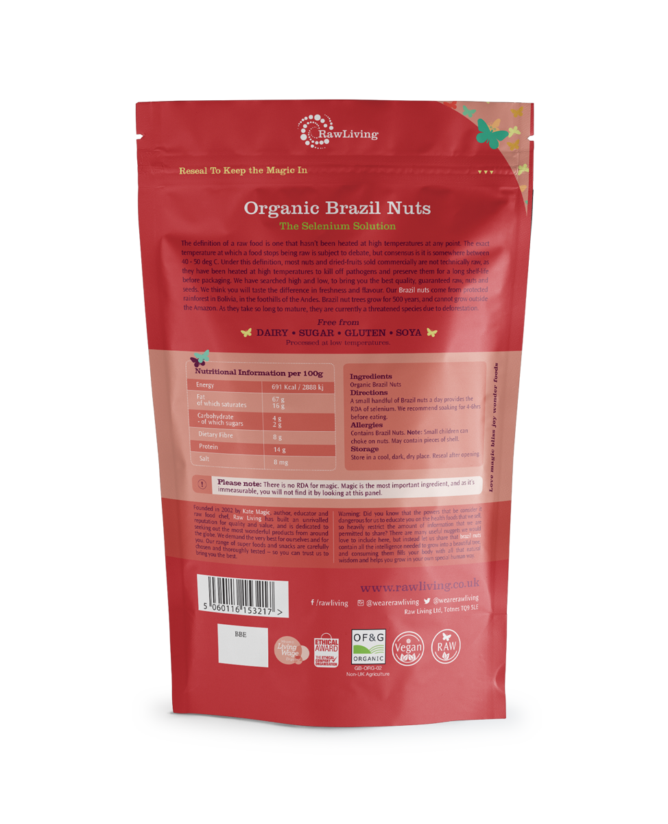 Organic Brazil Nuts (250g, 1kg, 5kg) | Raw Living UK | Raw Living Organic Brazil Kernels: Best Quality Raw &amp; Organic Brazil Nuts. With a serving of 25 grams, they cover 19% of your daily requirement of Vitamin E.
