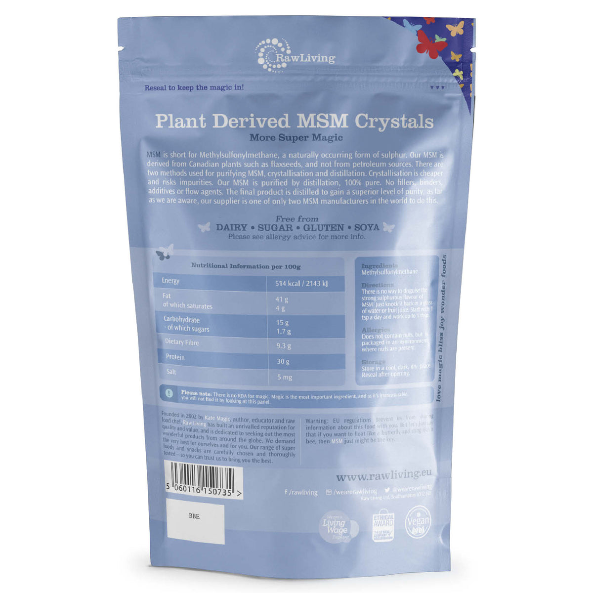 MSM Crystals (Powder) | Raw Living UK | Supplements | Raw Living Plant-Derived MSM (methylsulfonylmethane) crystals are a naturally occurring form of the mineral Sulphur, which is great for Hair, Skin &amp; Nails.