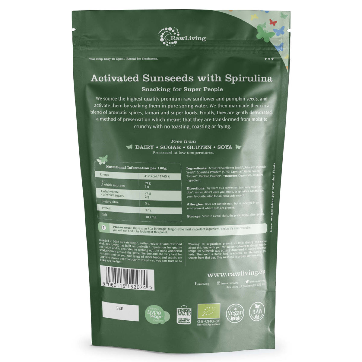 Activated Sunseeds with Spirulina | Raw Living UK | Raw Foods | Nuts &amp; Seeds | Super Foods | Raw Living Activated Sunseeds with Spirulina: our Sunseeds are a Raw, Dairy-Free, Sugar-Free Snack. Sunflower &amp; Pumpkin Seeds marinaded with Spirulina &amp; Spices.