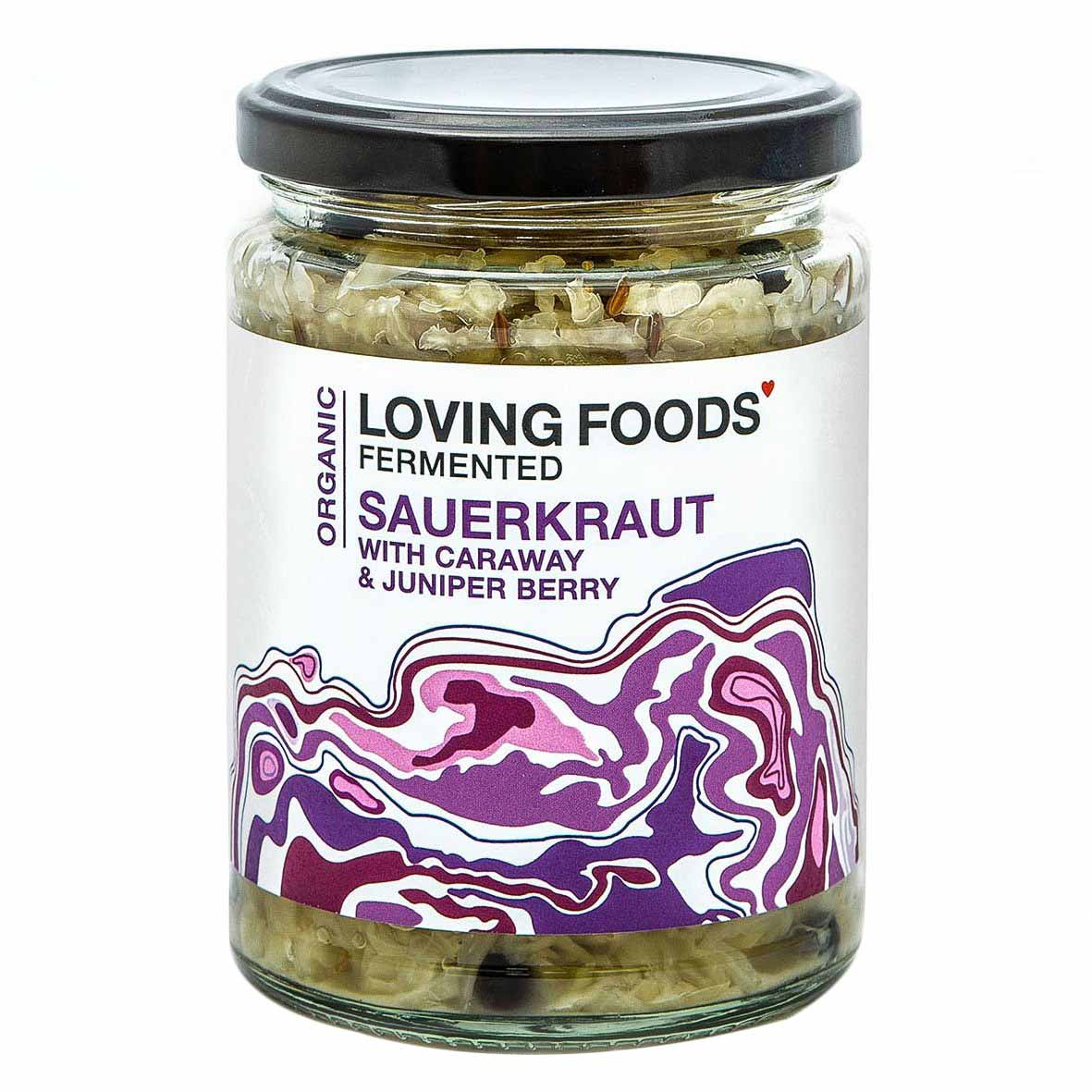 Organic Caraway &amp; Juniper Sauerkraut | Loving Foods | Raw Living UK | Ferments | Raw Foods | Loving Foods Caraway &amp; Juniper Berry Sauerkraut (500g): Organic High Quality Unpasteurised Sauerkraut. Full of probiotics &amp; good bacteria for gut health.