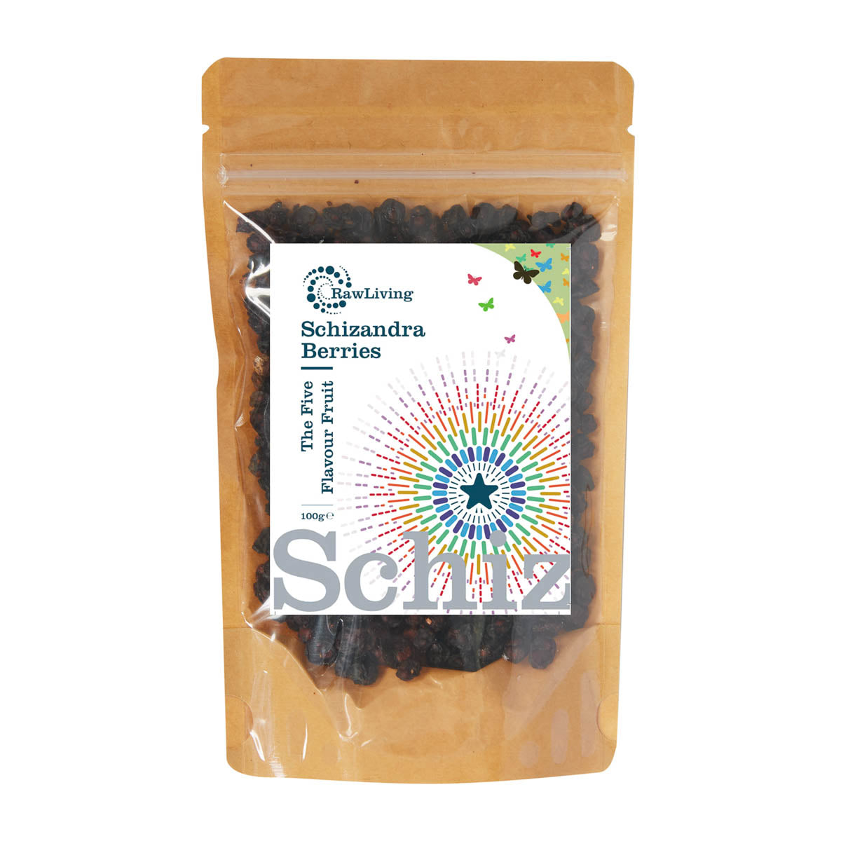 Packaged dried Schizandra berries in a clear plastic pouch with a label showing product name and an graphic logo