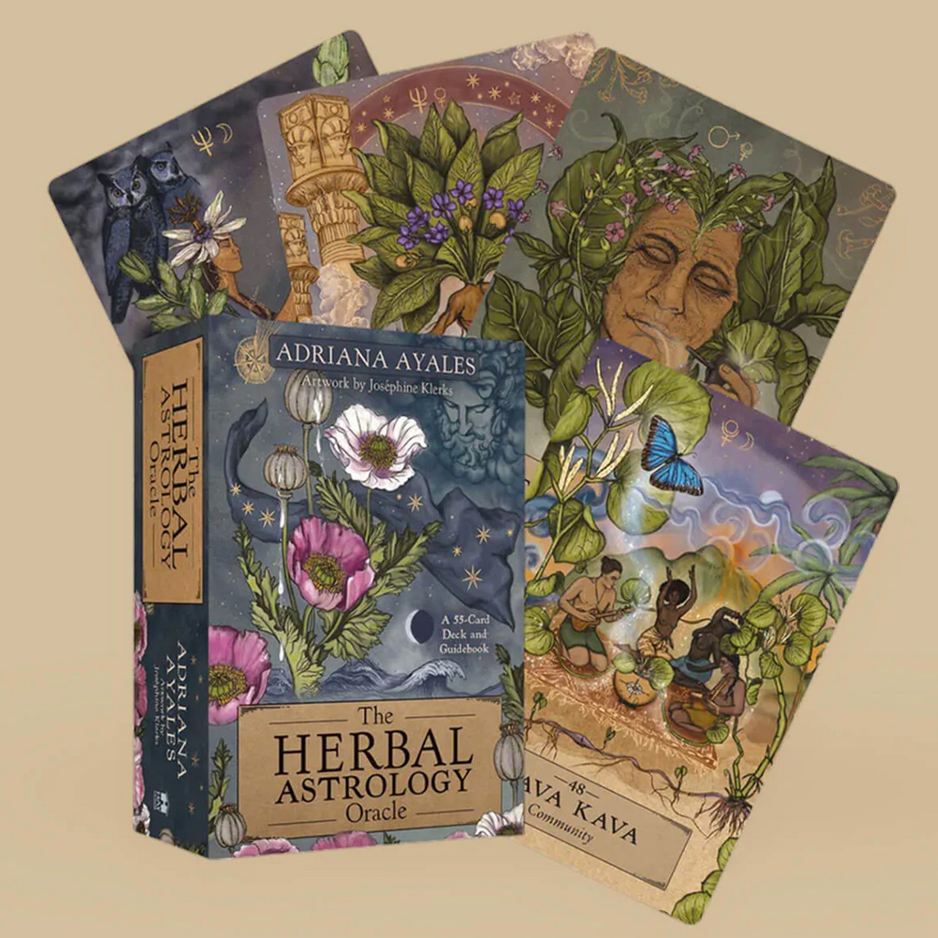 A set of illustrated cards titled &#39;Anima Mundi Herbals - Herbal Astrology Oracle Cards&#39; by Adriana Ayales with illustrations by Josephine Klerks. The cards are focused on astrological correspondences of plants and healing wisdom.