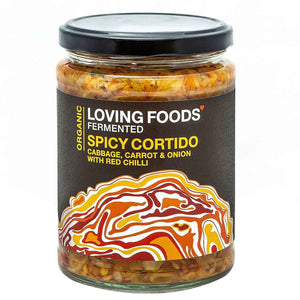 Organic Cortido Spicy Sauerkraut | Loving Foods | Raw Living UK | Ferments | Raw Foods | Loving Foods Spicy Cortido Sauerkraut: Organic High Quality Unpasteurised Sauerkraut. Spicy fermented cabbage, carrot & onion full of probiotics for gut health.