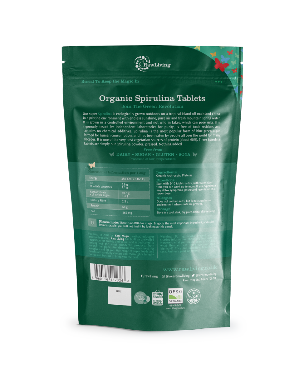 Organic Spirulina Tablets (500mg) | Raw Living | Raw Living Organic Spirulina Tablets are premium quality. Spirulina is an algae, which is an excellent Vegan source of Protein, Vitamins &amp; Minerals.