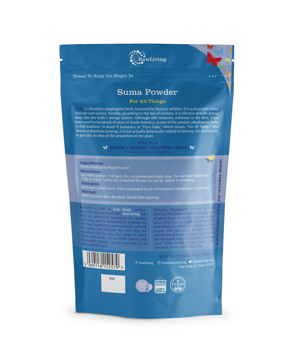 Suma Brazilian Ginseng Powder | Raw Living UK | Tonic Herbs | Adaptogens | Raw Living Suma Powder: known as &#39;Brazilian Ginseng&#39;, Suma is an adaptogenic herb with a deep root system. Known in Brazil as being &#39;For All Things&#39;.